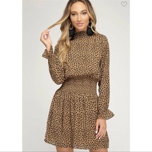 NWT Camel Dalmatian Print Smocked Mini Dress